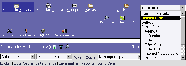 detalhe da tela do webmail que mostra como mudar para a a pasta de itens deletados