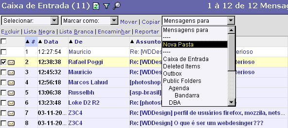 Detalhe da tela do webmail mostrando as pastas para onde uma mensagem pode ser movida ou copiada