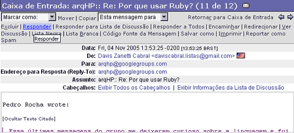 detalhe da tela do webmail mostrando as opes com relao a mensagem selecionada:excluir, responder, etc...