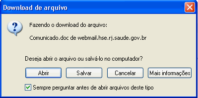 detalhe de tela popup que  aberta aps se clicar no arquivo anexado, com as opes de abrir, salvar, cancelar ou mais informaes