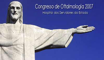 Imagem do bra&ccedil;o esquerdo da est&aacute;tua do Cristo Redentor, sobre um fundo azul, tendo em cima, a inscri&ccedil;&atilde;o Congresso de Oftalmologia 2007 - Hospital dos Servidores do Estado - RJ
