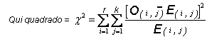 F&oacute;rmula do Qui quadrado, de Karl Pearson, utilizada para verificar se as distribui��es de duas ou mais amostras n�o relacionadas diferem significativamente em rela��o � determinada vari�vel, obtida atrav&eacute;s da multiplica&ccedil;&atilde;o do somat&oacute;rio de r, variando de i at&eacute; 1  pelo somat&oacute;rio de k, variando de j at&eacute; 1, pela fra&ccedil;&atilde;o : (O, variando de i at&eacute; j - E, variando de i at&eacute; j), elevados ao quadrado, divididos por E, variando de i at&eacute; j .
